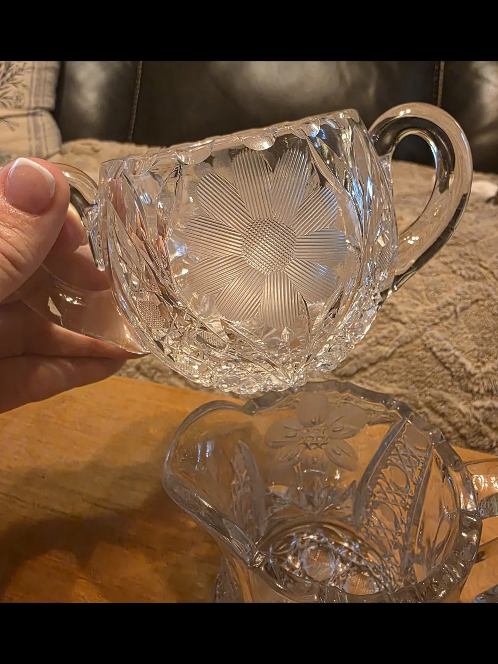 Vintage Heavy Cut Crystal Creamer & Pitcher Set | Floral Etched Crystal
